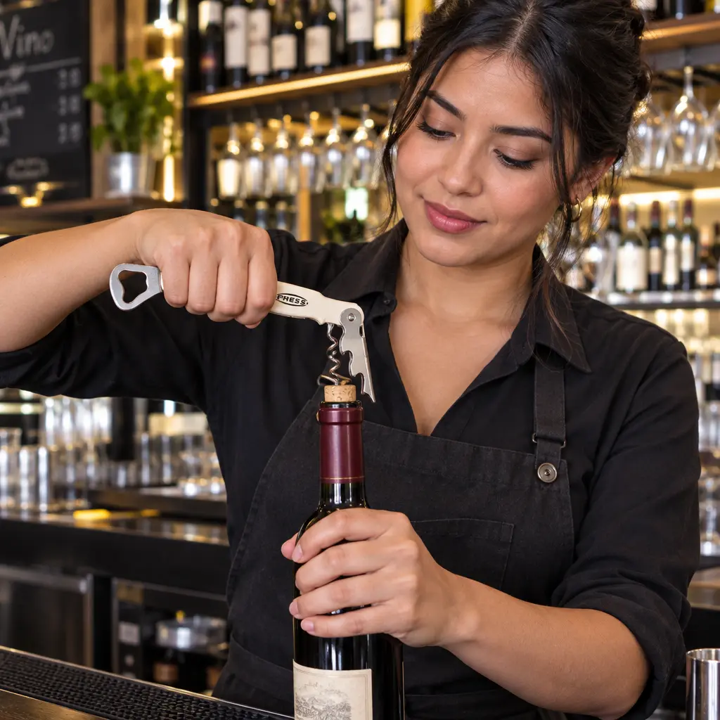 Sacacorchos navaja abriendo botella bartender latina.webp