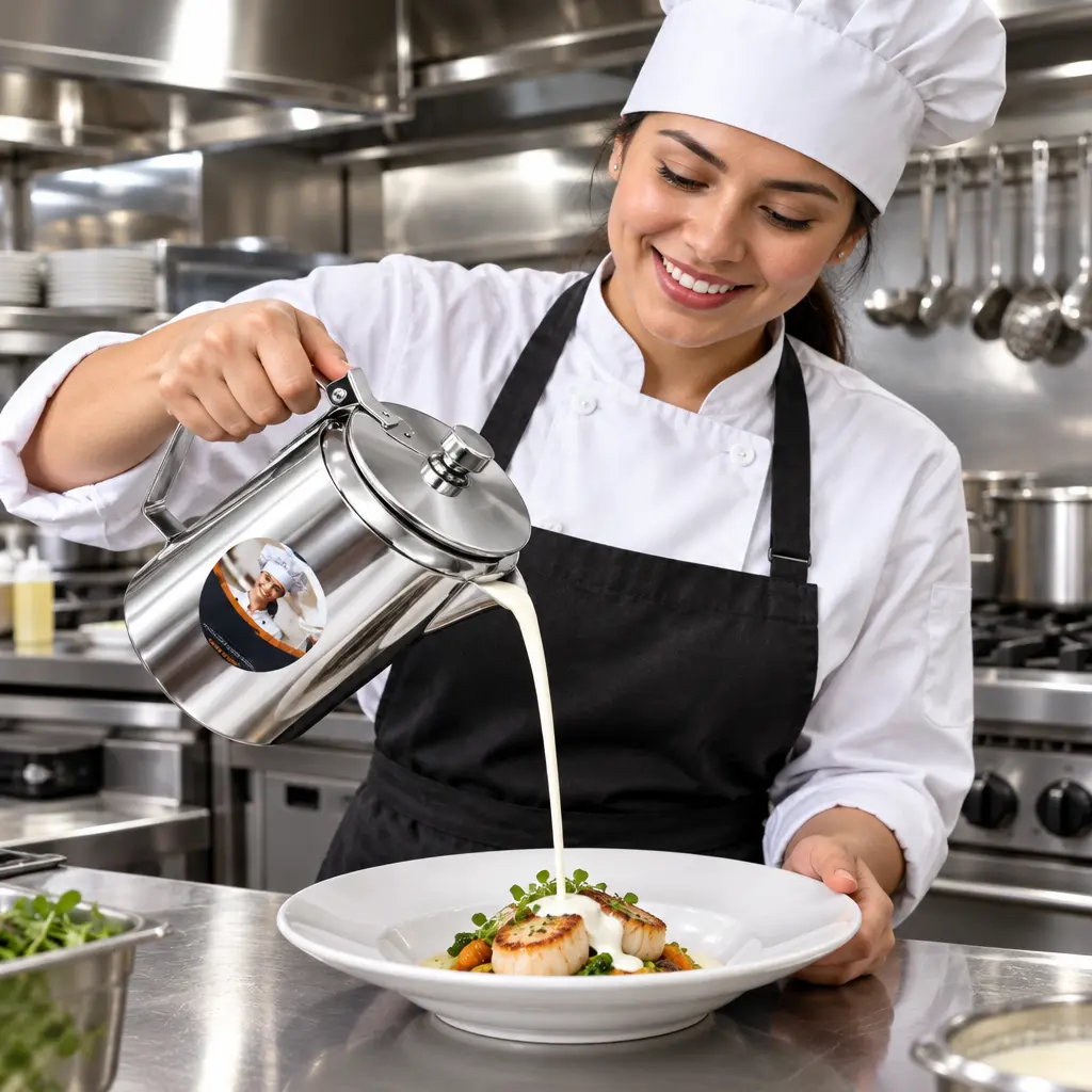 Jarra cremera acero inoxidable mujer cocina restaurante uso_resultado.webp