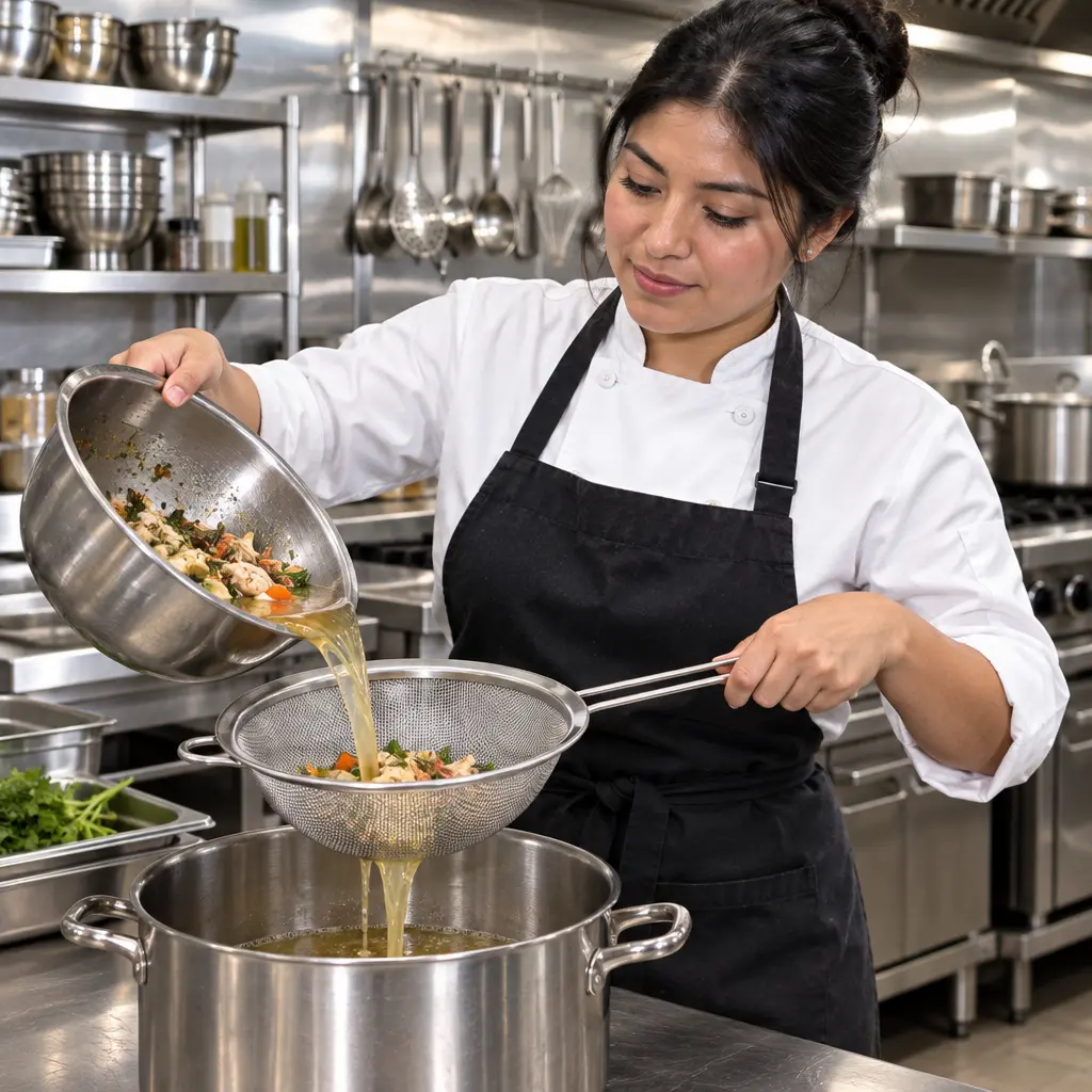 Colador malla mujer latina cocina industrial uso_resultado.webp