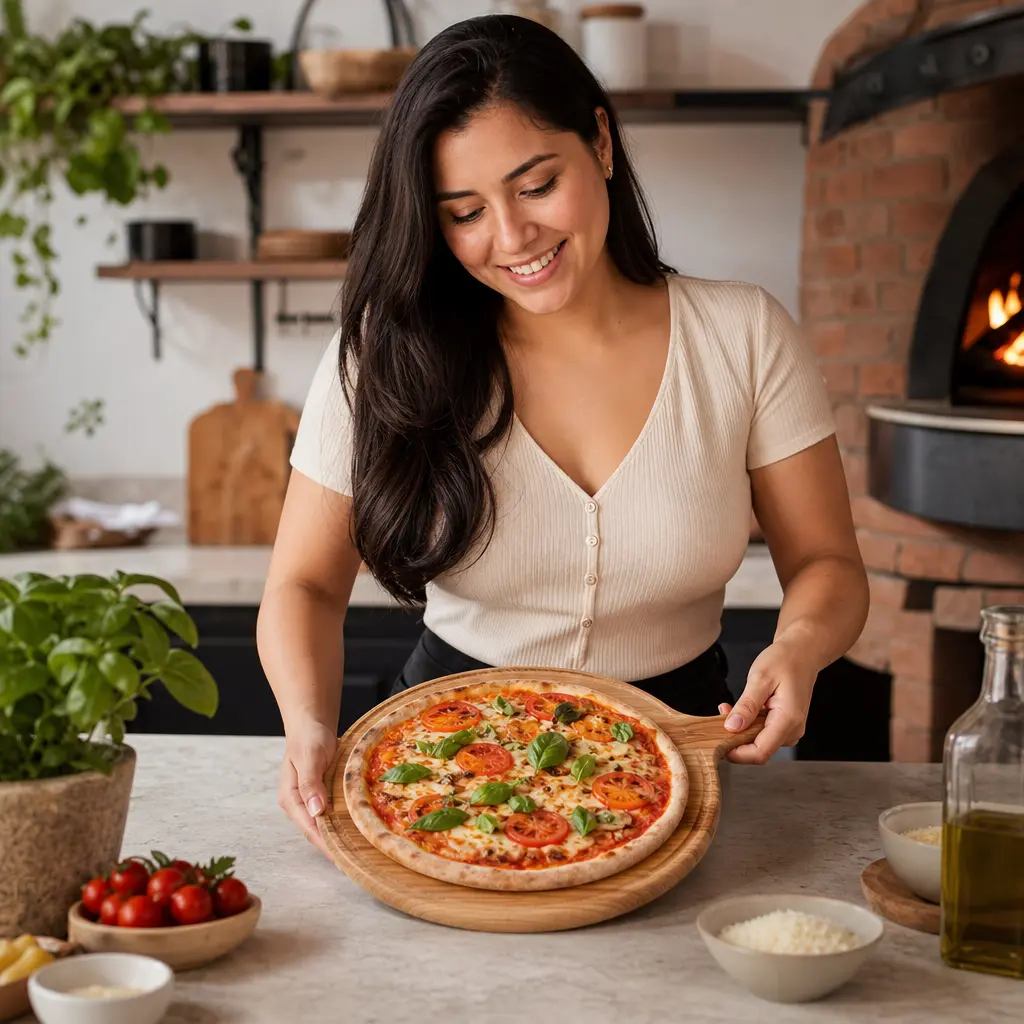 Plato pizza mango madera 36 cm - Uso beneficio mujer latina sin etiqueta.webp