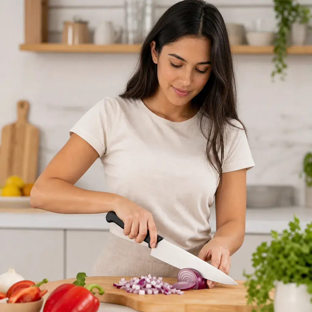 Cuchillo chef cebollero 23 cm - Uso beneficio mujer latina sin marca.webp