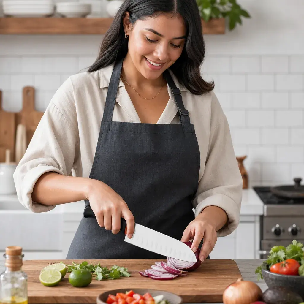 Cuchillo Santoku 18 cm - Uso beneficio mujer latina sin marca.webp