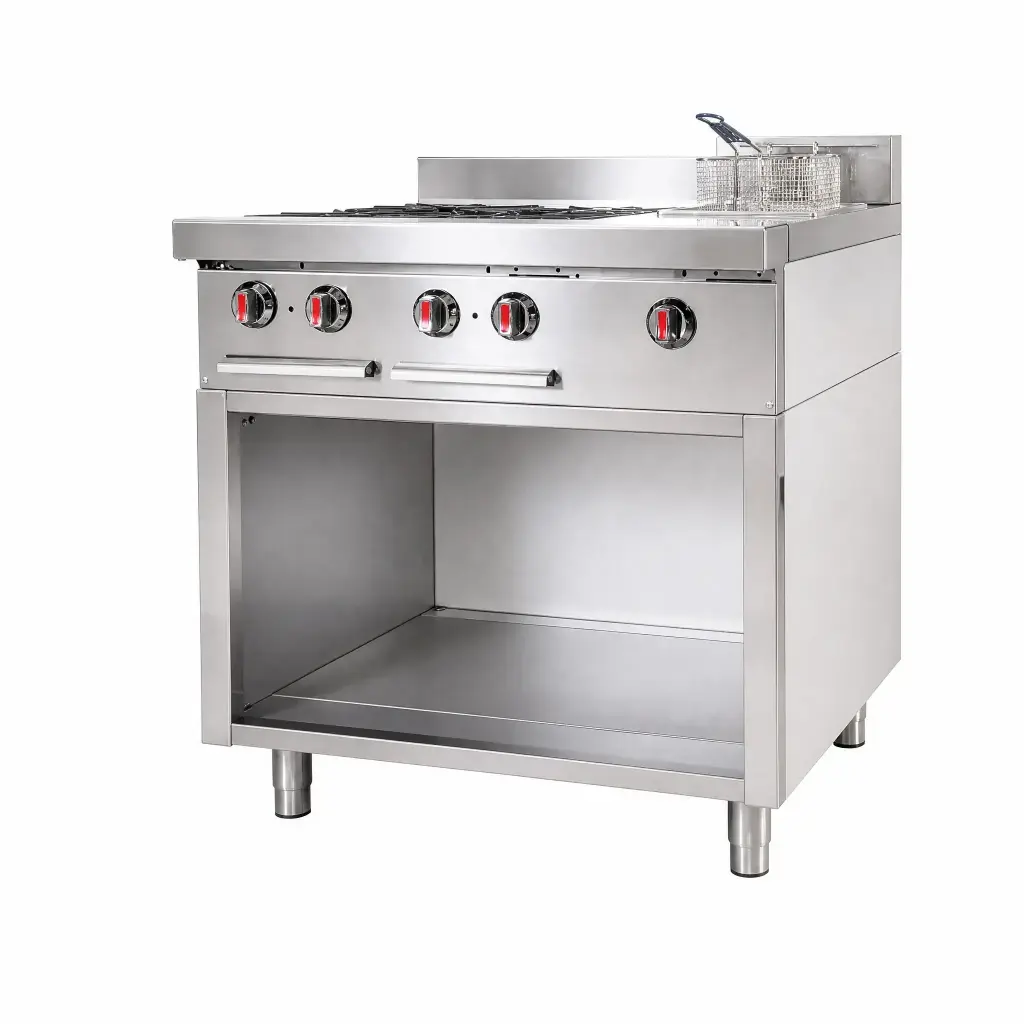 Cocina A Gas 4 Hornillas Con Freidora y Base Acero Inoxidable 86x92x87Cm Iboia