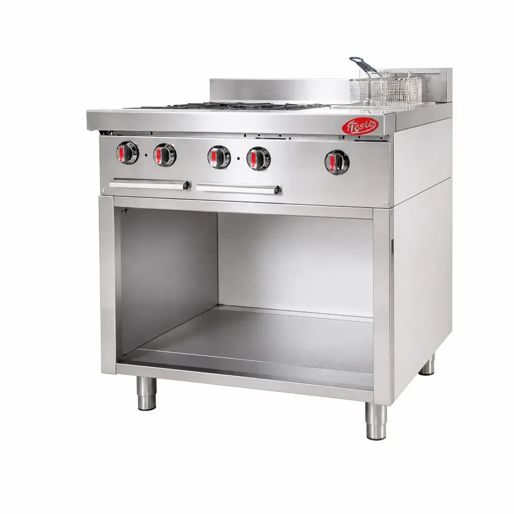 Cocina A Gas 4 Hornillas Con Freidora y Base Acero Inoxidable 86x92x87Cm Iboia
