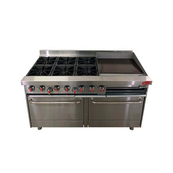 COCINA A GAS DE 6 HORNILLAS CON PLANCHA Y 2 HORNOS DE ACERO ALUMINIZADO 152X80X85 CM IBOIA