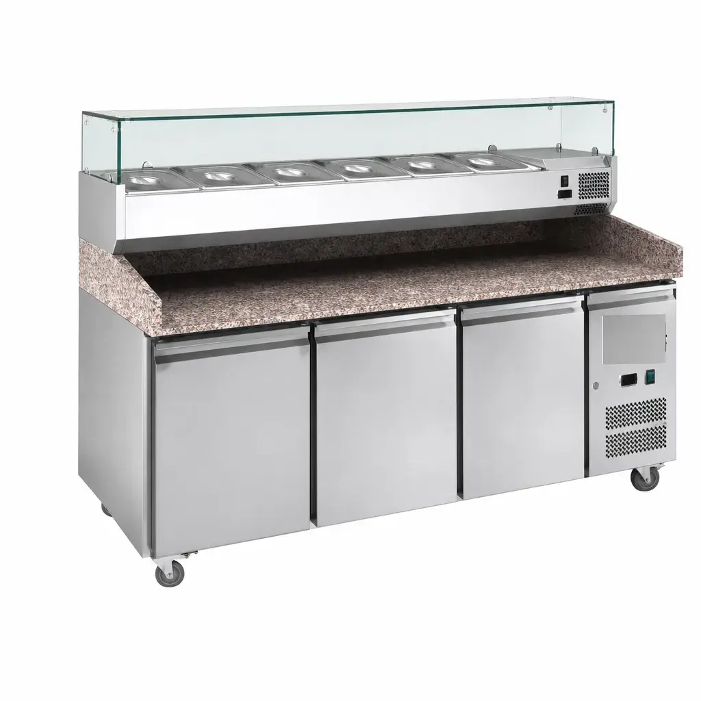 Mesa Pizzera 3 Puertas De Acero Inoxidable Con Tope De Granito 580L 100X200X80Cm Senzani