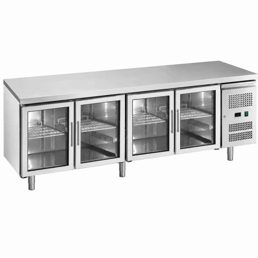 Mesa Refrigerada De Acero Inoxidable Con 4 Puertas De Vidrio 223X70X85 Cm Senzani