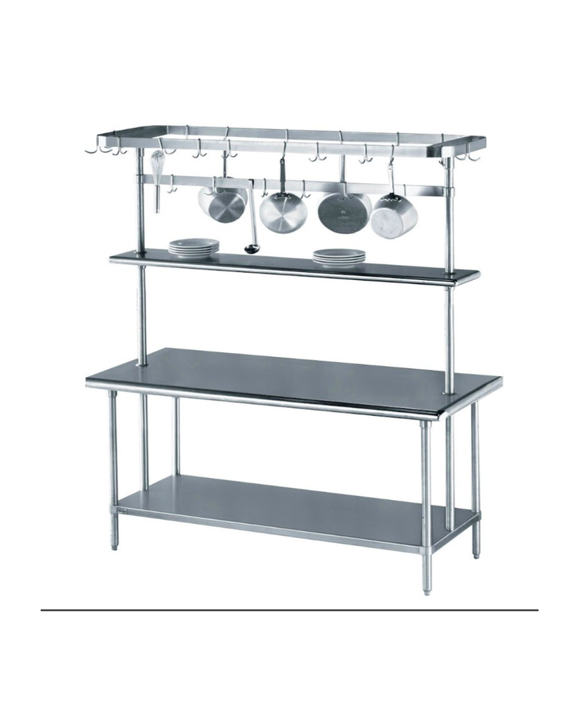 MESA CON ENTREPAÑO Y REPISA CON CUELGA OLLAS 160X70X85 CENTIMETROS IES