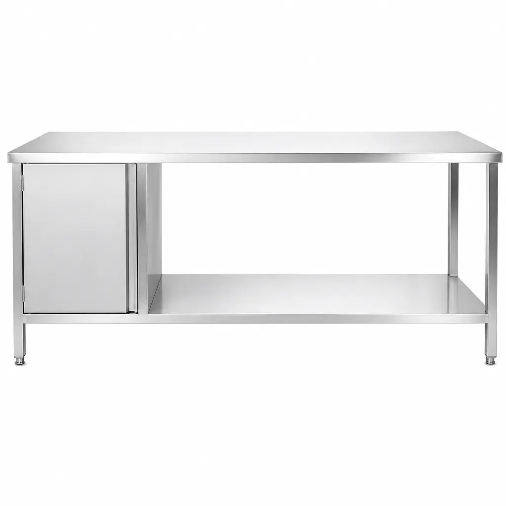 Mesa De Pared Con Entrepaño Y Depósito De Acero Inoxidable 231x101x51Cm Ies