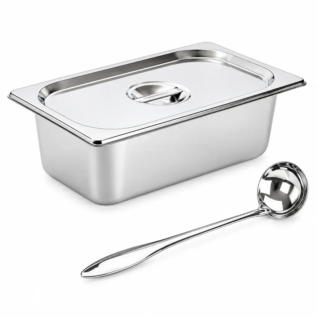 Set De Bandeja 1/3 Con Tapa Y Cucharón En Acero Inoxidable 32,5x17,6x15Cm Imarca