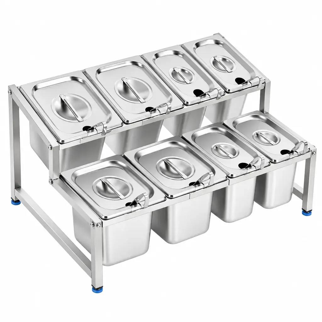 Organizador 8 Bandejas Con Tapa Y Cucharones De Acero Inoxidable 60x34x25Cm Imarca