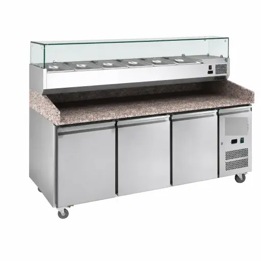 [M-EQUIP0129] Mesa Pizzera 3 Puertas De Acero Inoxidable Con Tope De Granito 580L 100X200X80Cm Senzani