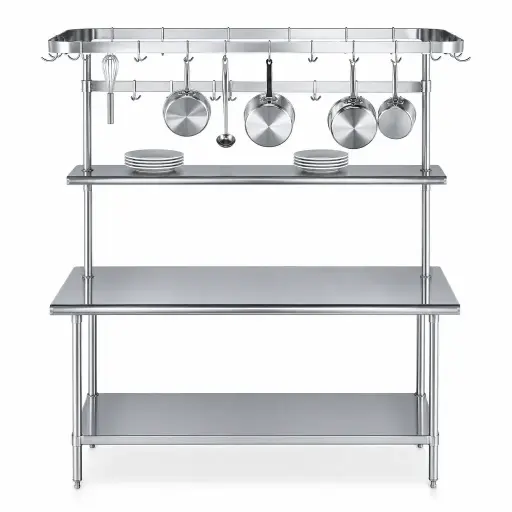 [M-MESA0009] Mesa Con Entrepaño Y Estantería Superior De Acero Inoxidable 160x70x100Cm Ies